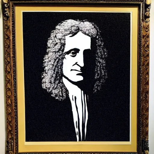 Image similar to individual isaac newton with a big wig silk screen banksy style