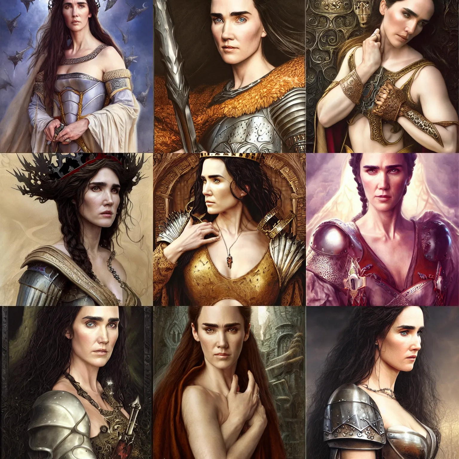 Prompt: jennifer connelly as a beautiful Medieval Queen by Gerald Brom +Mark Arian +Stanley Artgerm Lau +WLOP , extremely detailed , hyper realistic ,smooth, sharp focus