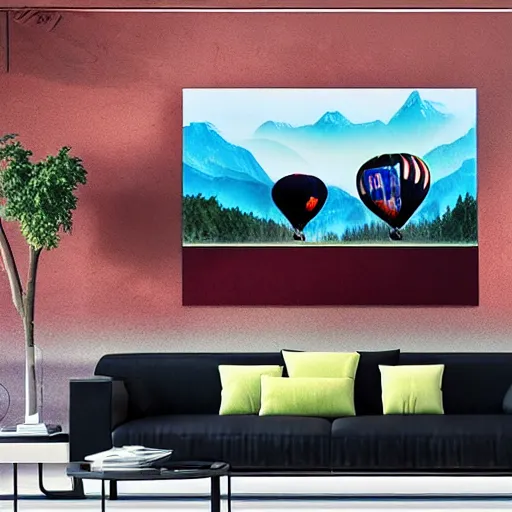 Image similar to photo of two black swans touching heads in a beautiful reflective mountain lake, a colorful hot air balloon is flying above the swans, hot air balloon, intricate, 8k highly professionally detailed, HDR, CGsociety