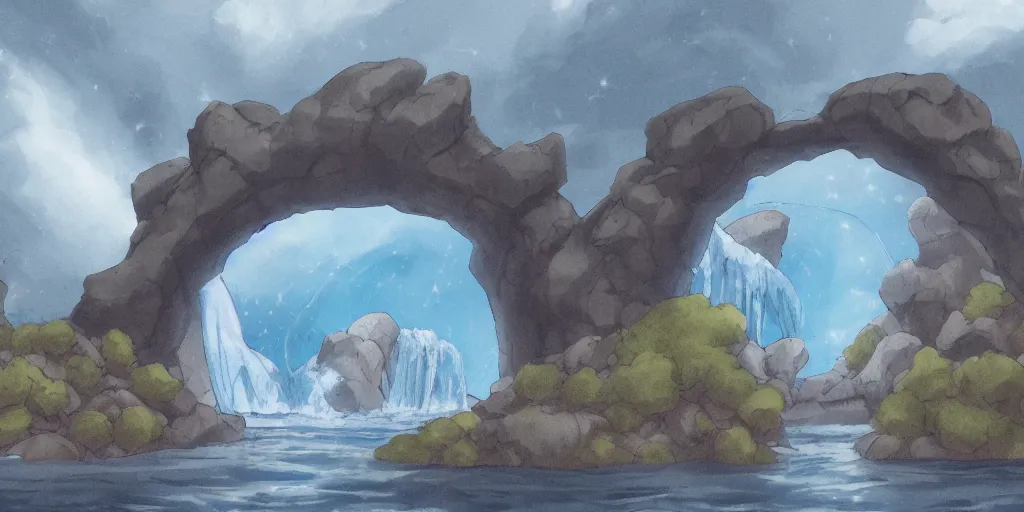 Prompt: a cell - shaded studio ghibli concept art study of an arizona rock arch time portal in a flooded desert on a misty starry night. a waterfall is flowing out of the portal. very dull colors, hd, 4 k, hq