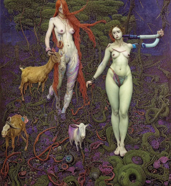 Prompt: pixelated corrupted professional pre-raphaelite defined colours 4k uncropped photo of a fully clothed punk person in the cyberpunk forest with a goat and a robot by Ivan Bilibin, Austin Osman Spare, high quality, ultra detailed. Beksinski painting, part by Adrian Ghenie and Gerhard Richter. art by Takato Yamamoto. masterpiece, oil on canvas painting, pixelart, vivid acid neon colours. Futurism by beksinski carl spitzweg moebius and tuomas korpi. baroque elements. baroque element. intricate artwork by caravaggio. Oil painting. Trending on artstation. 8k