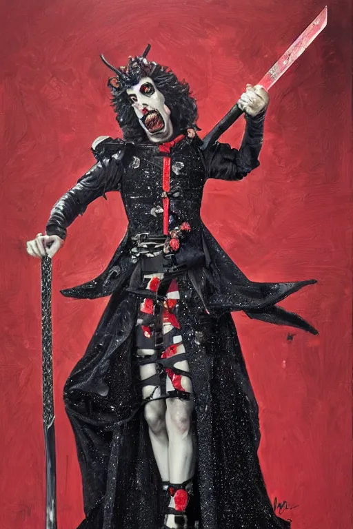 Prompt: Lord Licorice in a red and black sequins gown holding a peppermint sword, painting by Mark Brooks