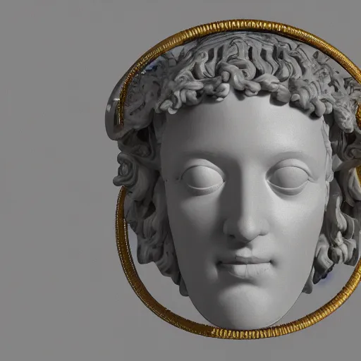 Prompt: a neon ring on the head of a renaissance statue, 3 d render