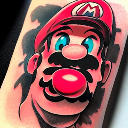 Image similar to tattoo design, stencil, portrait of mario from mario brothers by artgerm