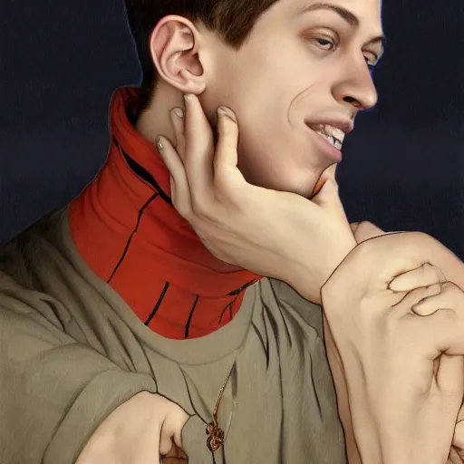 Image similar to Pete Davidson, highly detailed, digital painting, artstation, concept art, smooth, sharp focus, illustration, ArtStation, art by artgerm and greg rutkowski and alphonse mucha and J. C. Leyendecker and Edmund Blair Leighton and Katsuhiro Otomo and Geof Darrow and Phil hale and Ashley wood and Ilya repin and Charlie Bowater