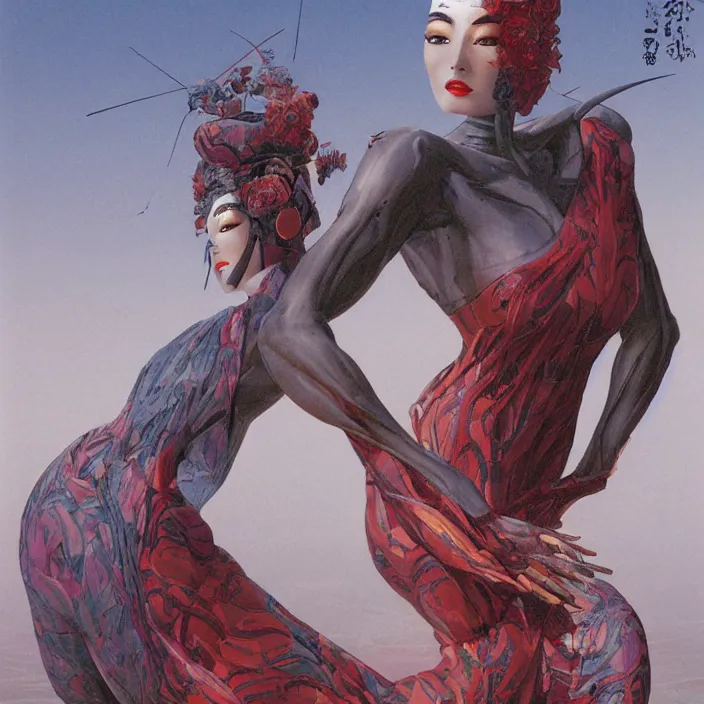 Prompt: hypermuscular geisha, full body, latex, rubber, fast, ektachrome, electric, flowing motion, aerodynamic, fashion shoot, digital art, smooth, sharp focus, art station, art by wayne barlowe and ivan shishkin and adolph menzel