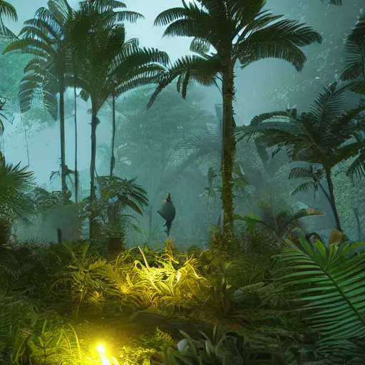 Image similar to « dark jungle, group of persons exploring with lamps, far view, unreal engine 5, photorealistic »