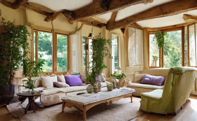 Prompt: Art Nouveau living room interior, cottage style, rustic wooden beams, couch, lavender plants, beige, light yellow, large windows, view of green trees, warm