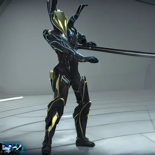 Image similar to photograph of mag!!!!!!!! warframe holding a katana!!!!!!!, 8k resolution, high detail, ULTRA REALISTIC VFX, reflections