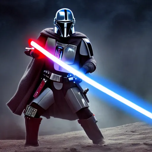 Image similar to jesus christ holding a lightsaber and fighting a mandalorian, 4 k, high resolution, still, landscape, hd, dslr, hyper realistic