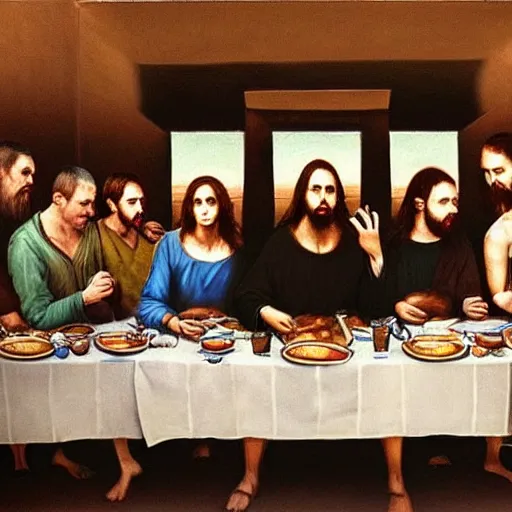 Prompt: Award Winning Editorial Masterpiece picture of a Tramps in a new York Soup Kitchen by David Bailey CBE, The Last Supper