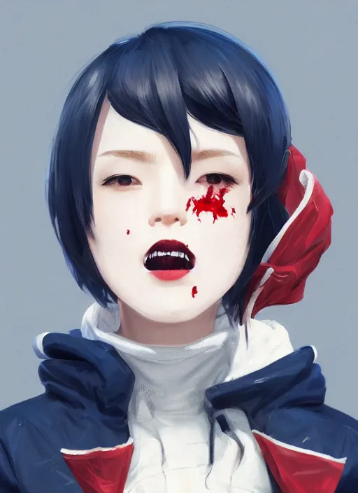 Prompt: a highly detailed illustration of black short hair cute japanese girl wearing blood stained navy hoodie with the word nevada on it, dramatic smile pose, intricate, elegant, highly detailed, centered, digital painting, artstation, concept art, smooth, sharp focus, league of legends concept art, WLOP