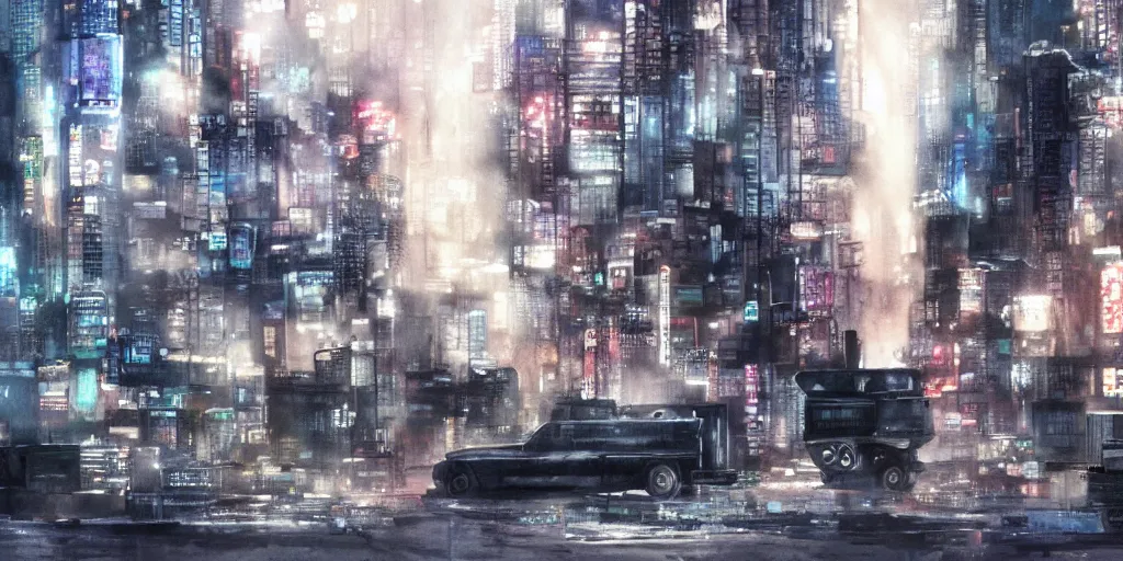 Prompt: dusty city, broken vending machines, Ghost in the Shell, ultrawide watercolor