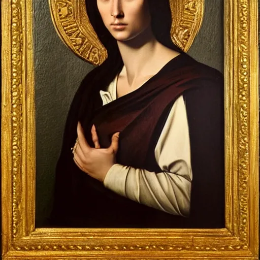 Prompt: a Pre-Raphaelite painting by Caravaggio of Kim Kardashian as the Virgin Mary, Catholic icon, halo, ornate, gilded