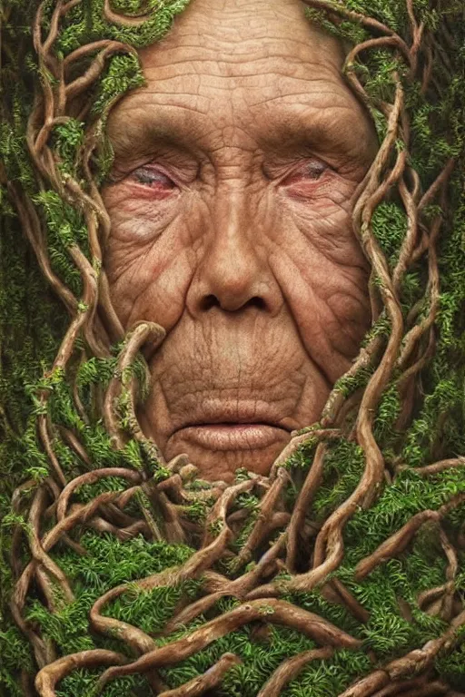 Image similar to intricate stunning highly detailed portrait of baba vanga, 🌱, by agostino arrivabene and vladimir kush, surreal, digital painting, ultra realistic, dramatic lighting, twisted vines, lush plants, pristine water, artstation