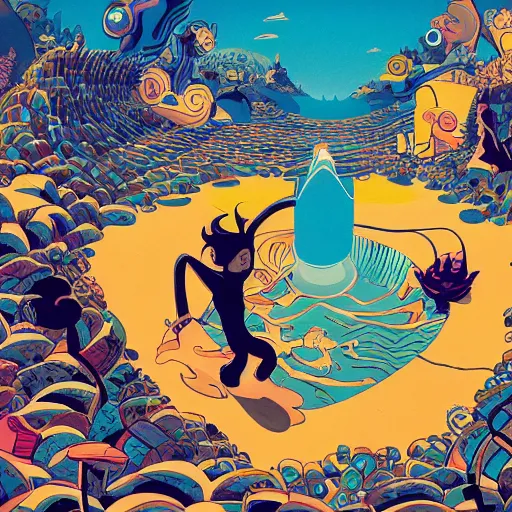 Image similar to colorful digital art, sony animation, mcbess illustration, a portal to another world, opened in the middle of a swimming pool