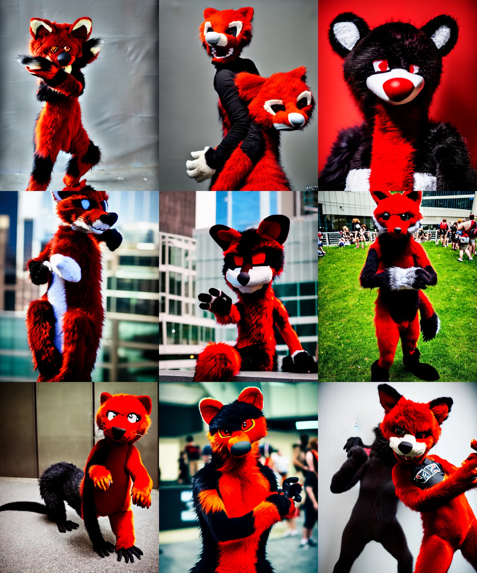 Image similar to photo of a fursuiter posing | | fullbody photoshoot photo portrait of a cute roguish male red - black furred weasel furry fursuiter ( tail attached ), key visual, taken at anthrocon ( furry convention )