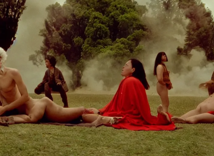 Image similar to 3 5 mm still from art house film by alejandro jodorowsky, wong kar - wai and wes anderson : : sensual scene in a picturesque outdoors setting : : fire, painted horse, high priestesses, smoke, debauchery, birds : : close - up of the actors'faces : : technicolor, 8 k