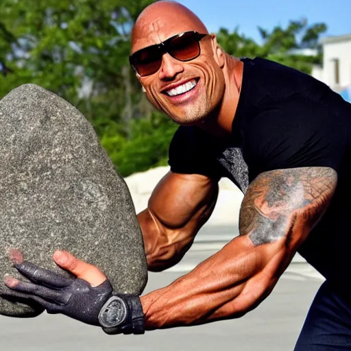 Image similar to dwayne johnson picking up a rock that looks like kevin heart. photo