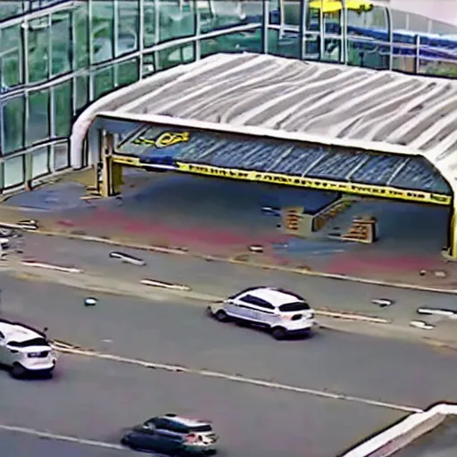 Prompt: cctv footage of banana car in parking station