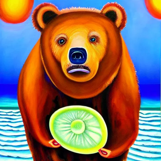 Image similar to bear drinking a pina colada from a coconut | award winning psychedelic oil painting on canvas