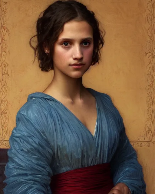 Prompt: a portrait painting of a shy, blushing 1 6 - year old alicia vikander or millie bobby brown, backlit, wearing a greek dress, elegant, highly detailed, artstation, concept art, by krenz cushart and donato giancola and william adolph bouguereau and alphonse mucha