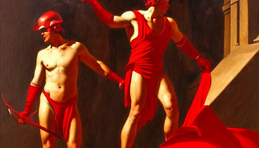 Image similar to only with red, a red gladiator in a crowded roman amphitheatre, crowd cheers him, in the style of rolf armstrong and ambrosius benson and edward hopper, intricate and epic composition, red by caravaggio, highly detailed, masterpiece, red light, artstation