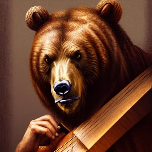 Image similar to renaissance upper body portrait of a realistic bear playing lute, lean and toned, handsome face, hairy chest, D&D, intricate, elegant, highly detailed, digital painting, artstation, concept art, matte, sharp focus, illustration, art by da Vinci, Artgerm and Greg Rutkowski and Alphonse Mucha