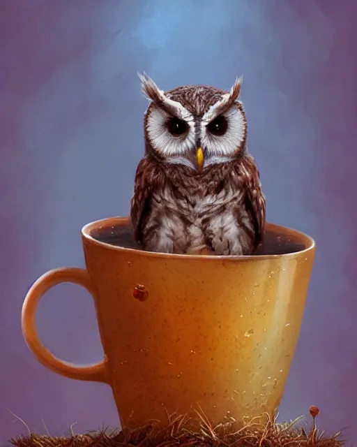 Image similar to long shot of a very cute owl chick nesting in a mug, esao andrews, humorous illustration, hyperrealistic, big depth of field, warm colors, night scenery, low light, 3 d octane render, 4 k, concept art, hyperdetailed, hyperrealistic, trending on artstation