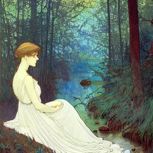 Image similar to a beautiful painting of the back view of a young lady in white dress sitting by the river in a grown forest, washing her dark long hair, sunlight reflected on the river, Mucha, Moebius, Mohrbacher