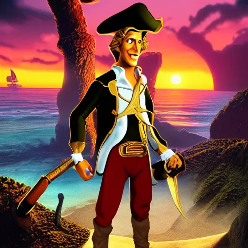 Prompt: Guybrush threepwood in a stunning pirate landscape, golden hour