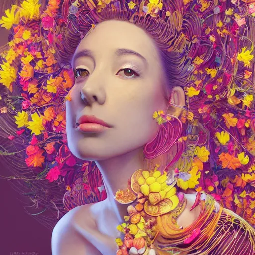 Prompt: the portrait of an absurdly beautiful, graceful, elegant woman made of bananas and petals, an ultrafine detailed illustration by kim jung gi, irakli nadar, intricate linework, bright colors, final fantasy, behance contest winner, angular, unreal engine 5 highly rendered, global illumination, radiant light, detailed and intricate environment