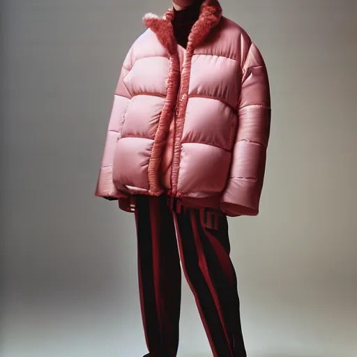 Image similar to realistic photoshooting for a new balenciaga lookbook, color film photography, portrait of a blonde asian woman, model wearing a puffer jacket, photo in style of tyler mitchell, 3 5 mm,