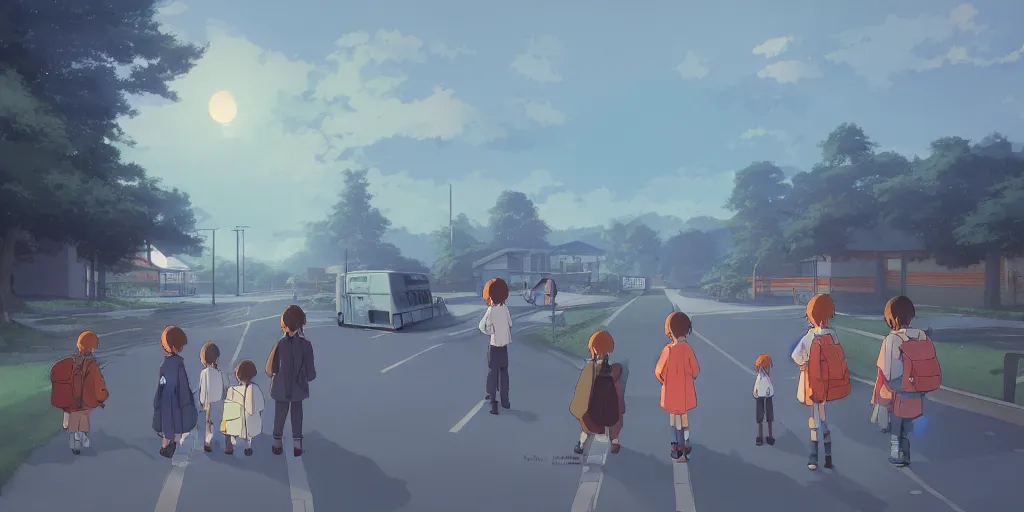 Image similar to waiting for the school bus outside the school evening, hayao miyazaki, artstation