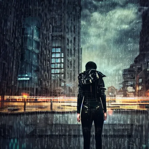 Image similar to dark future cyberpunk steampunk city woman wearing headphones short hair funky haircut wearing a hoodie with a rainy city in the background cloudy sky