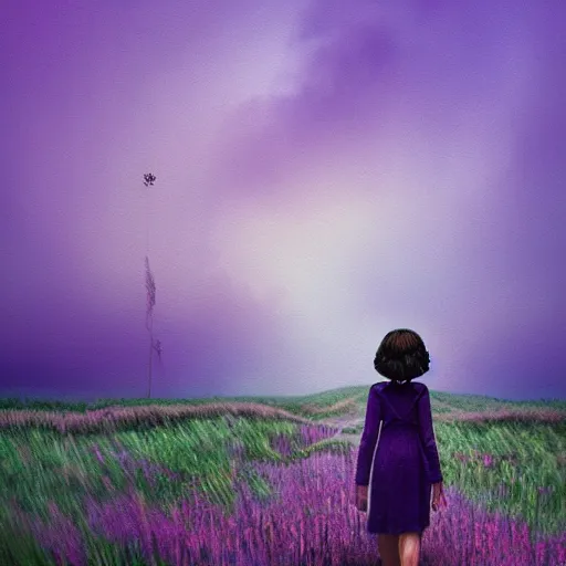 Image similar to portrait, giant purple dahlia flower head, girl walking between dunes, surreal photography, sunrise, blue sky, dramatic light, impressionist painting, digital painting, artstation, simon stalenhag