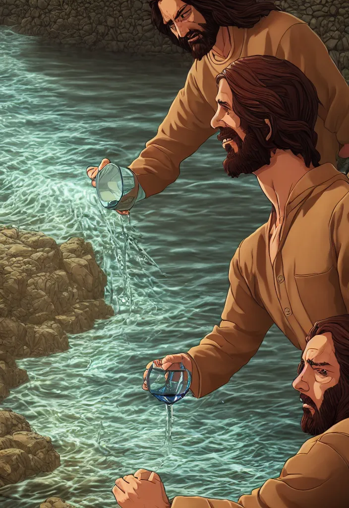 Prompt: a portrait of jesus turning water in wine by dan mumford, yusuke murata and makoto shinkai, 8k, cel shaded, unreal engine, featured on artstation, pixiv