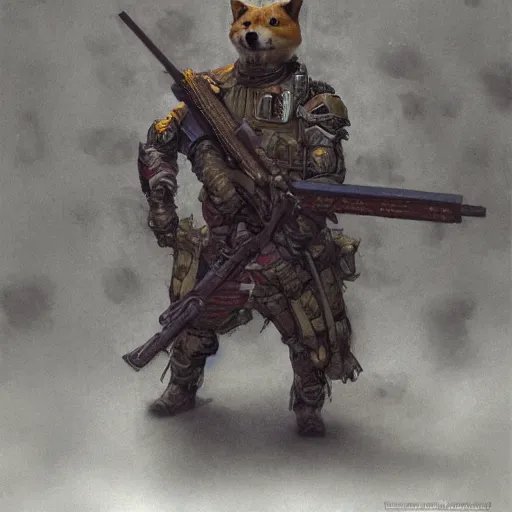 Prompt: anthropomorphic shiba inu, holding sniper riffle skullknight, standing, cementary, scifi, 3 d render, masterpiece, red aura, by donato giancola and greg rutkowski and wayne barlow and zdzisław beksinski, realistic face