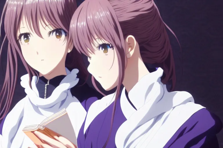 Prompt: portrait of two wise and very beautiful women discussing some texts appearing in a computer screen, anime key visual of violet evergarden, intricate, elegant, highly detailed, smooth, sharp focus, artstation