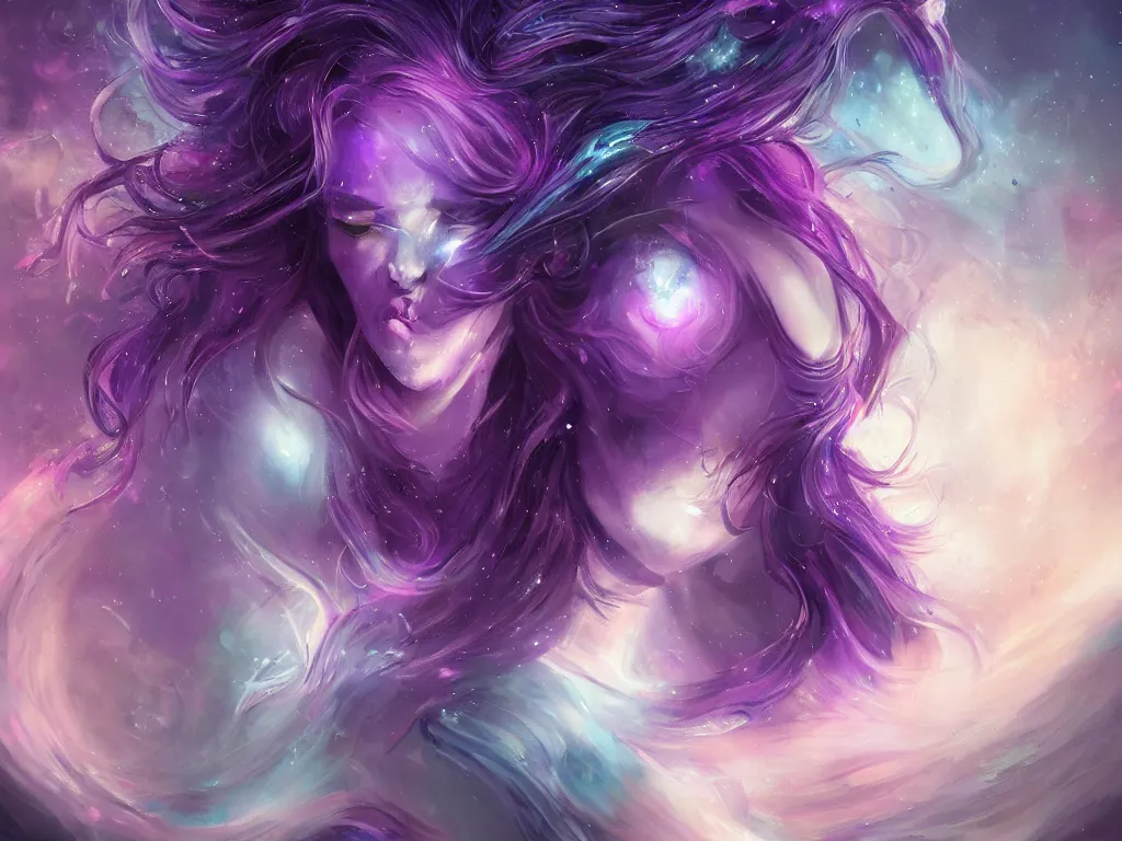 Image similar to epic portrait an beautiful nebulae goddess with purple long flowing hair and purple glowing eyes, sweaty skin, beautiful face, blurry lighting strike space backround, digital painting, artstation, concept art, soft light, hdri, smooth, sharp focus, illustration, fantasy, intricate, elegant, highly detailed, D&D, matte painting, in the style of Greg Rutkowski and Alphonse Mucha and artemisia, 8k, highly detailed, jurgens, rutkowski, bouguereau, pastoral, rustic, georgic, detailed concept art, illustration, colorful pastel, painting, detail, ultra detailed, digital art, 4K,