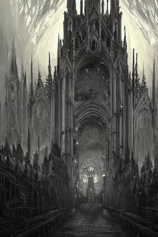 Image similar to a beautiful and terrifying painting with high details of a panoramic view of a gothic church made of white bones, with the white rose and a black - robed skeleton demon in the foreground, poster style, movie atmosphere, movie lights, 8 k, light effect, rtx on, trending on artstation, by kilian eng, lee madgwick, tyler edlin, mucha