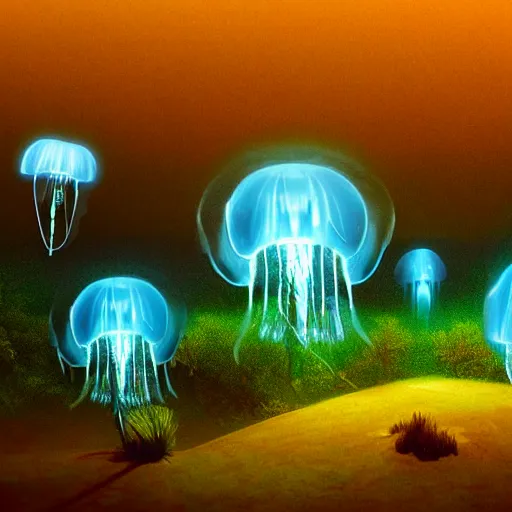 Prompt: floating luminescent jellyfish in an alien nocturnal jungle, matte painting, landscape, mysterious