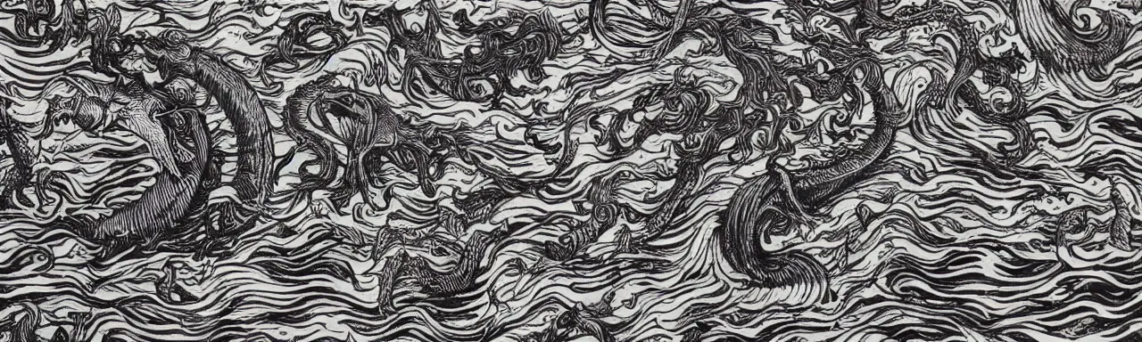 Prompt: Elaborate wallpaper print of Sea Monsters in the Waves in the style of Albrecht Durer and Martin Schongauer, high contrast finely carved woodcut black and white crisp edges