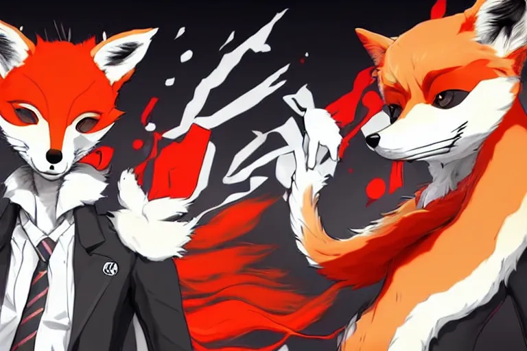 Image similar to a furry tan male fox on a persona 5 : royal ( by atlus ) video game splash screen, a furry male sandcolored tan fox fursona ( has hair ), persona 5 phantom thief style