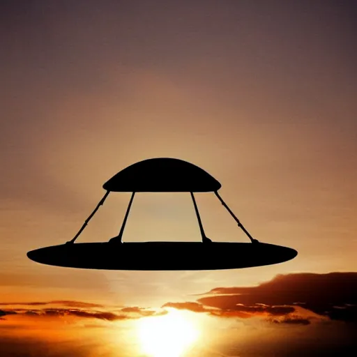 Prompt: a ufo flying during the sunset