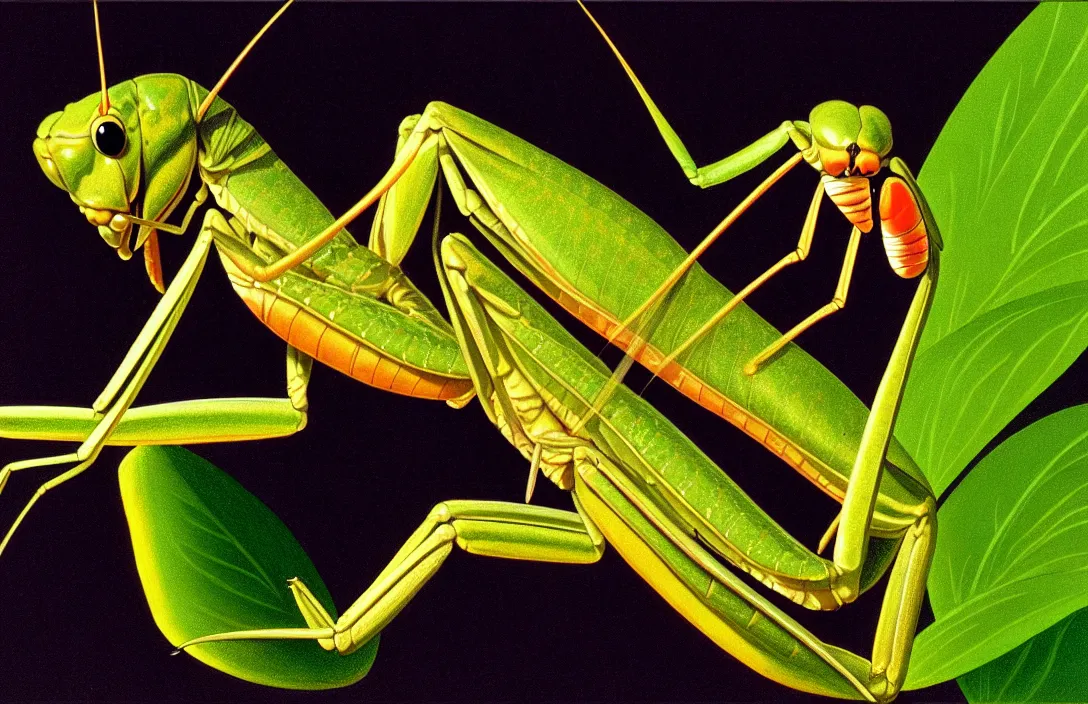 Image similar to implied lines, 4 k criterion collection remastered cinematography a praying mantis eating a dragonfly, photo realistic postprocessing interpolated by syd mead, claude gellee painting by james audubon