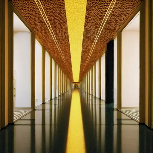 Prompt: very long hallway with some lights on, a tilt shift photo by ricardo bofill, trending on pinterest, modernism, art deco, high dynamic range, hall of mirrors