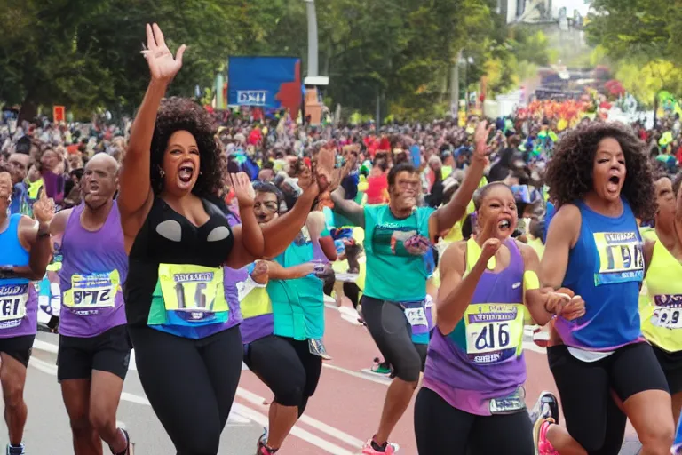 Prompt: oprah with hands in air shouting screaming running marathon