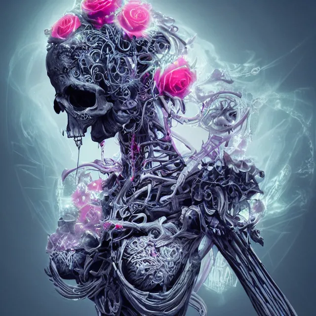 Image similar to a chaotic goddess of death skeleton as a heroine, intricate, elegant skull black rose s day of the dead atmospheric, dramatic, Trending on artstation. augmentations and cybernetic enhancements neon circuits, greg rutkowski , hyperrealist, cinema4D, 8k highly detailed