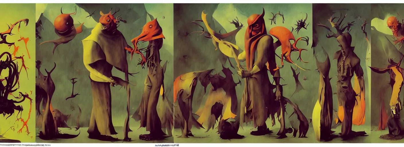 Image similar to full - body surreal colorful demonic rpg character concept art anatomy, action pose, very coherent and colorful high contrast masterpiece by norman rockwell franz sedlacek hieronymus bosch dean ellis simon stalenhag rene magritte gediminas pranckevicius, dark shadows, sunny day, hard lighting, reference sheet white! background